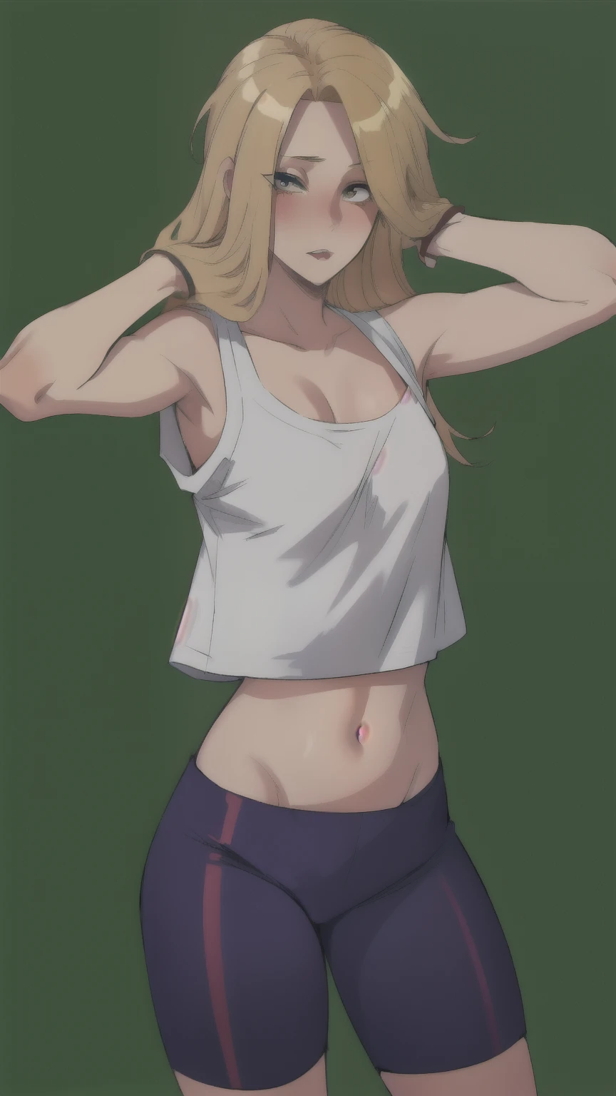 Girl with long blonde hair, in a loose mini-shirt, falling from the shoulders, In cycling shorts, visible life and navel