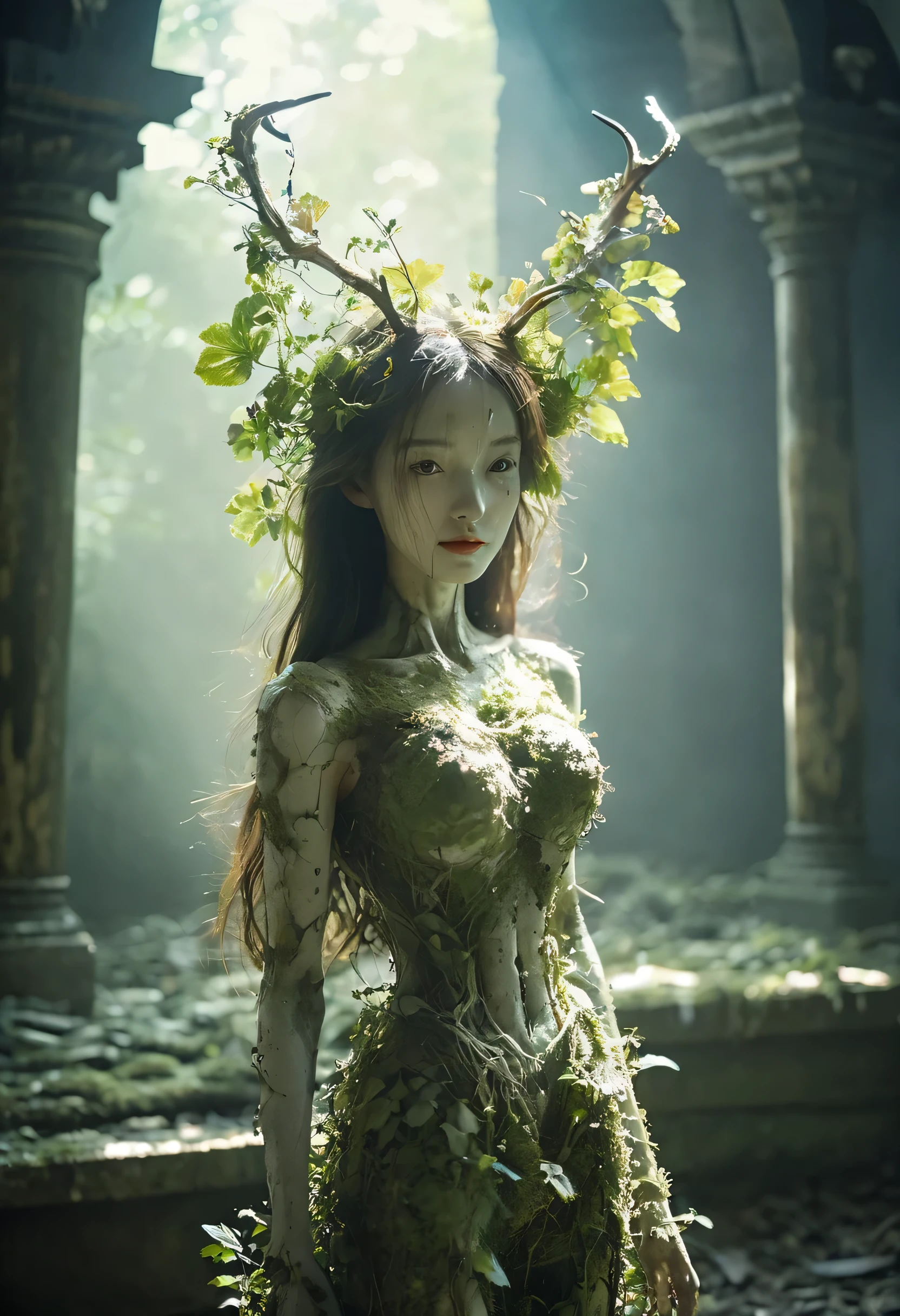 Best quality: 1.0), (Super High Resolution: 1.0),a broken feminine humanoid robot a light shone on her,her hands try to reach out camera, dented, scratched, flaking peeling paint, in a abandoned temple room, mossy and fungus, once pretty,An artistic photograph,full body,(Remote shooting:1.4),closeup 50mm f/1.3,bailong plant girl, girl made of dead plants,a girl made of violet plants,forest,plant,antlers,