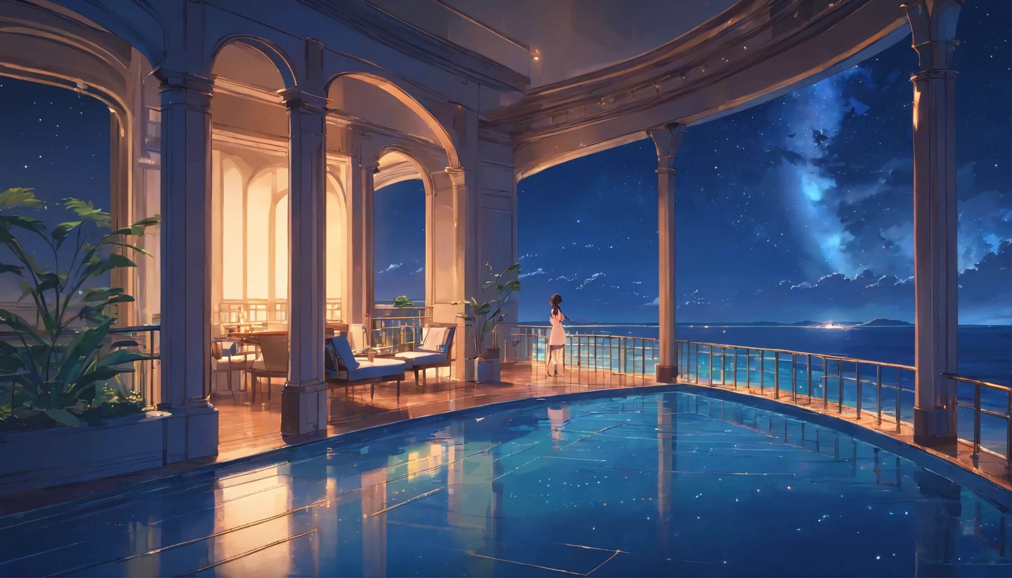 View from the wide arched balcony of a luxury hotel、Starry sky and night sea floating on a moonlit night Dim atmosphere