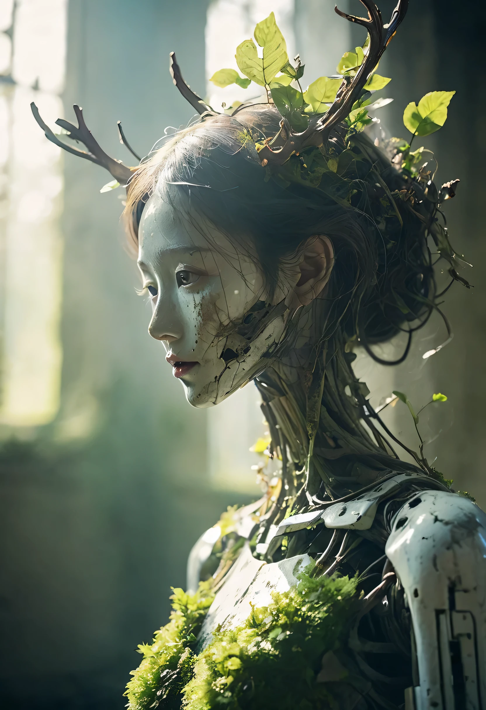 Best quality: 1.0), (Super High Resolution: 1.0),a broken feminine humanoid robot a light shone on her,her hands try to reach out camera, dented, scratched, flaking peeling paint, in a abandoned temple room, mossy and fungus, once pretty,An artistic photograph,full body,(Remote shooting:1.4),closeup 50mm f/1.3,bailong plant girl, girl made of dead plants,a girl made of violet plants,forest,plant,antlers,