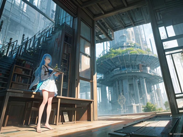 Paolo Soleri, Lebbeus Woods, Surreal, mysterious, strange, fantastical, fantasy, Sci-fi, Japanese anime, transparent house, glass architecture, blueprints, perspective and cross-sectional views, beautiful high school girl in miniskirt, solo girl, zoom in perfect voluminous body, detailed masterpiece hand colour drawings hyper realistic sharp focus real