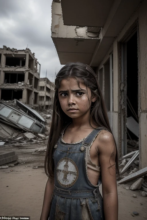 (RAW style, masterpiece, best quality, ultra-detailed), young girl, age 13, amongst war devastation, ruined buildings, profound sadness, large eyes filled with tears, long brown hair, natural beauty contrast, tragic scene, innocent carrying burdens, resilience, inner strength, statement:
The image captures the poignant facial expression of a thirteen-year-old girl, standing amidst the chaotic wreckage of war. The destruction of buildings around her reflects the brutal conflicts that have ravaged the region. Her large, expressive eyes, teeming with hope as she looks at the viewer 🔜