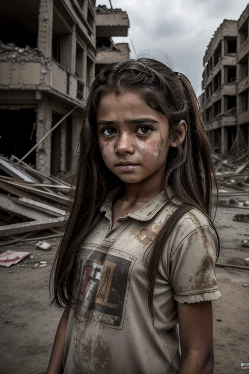 (RAW style, masterpiece, best quality, ultra-detailed), young girl, , amongst war devastation, ruined buildings, profound sadness, large eyes filled with tears, long brown hair, natural beauty contrast, tragic scene, innocent carrying burdens, resilience, inner strength, statement:
The image captures the poignant facial expression of a thirteold girl,ndingidst the chaotic wreckage of war. The destruction of buildings around her reflects the brutal conflicts that have ravaged the region. Her large, expressive eyes, teeming with hope as she looks at the viewer 🔜