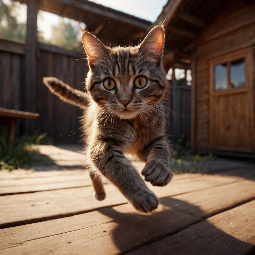 Ultra detailed macro photography capturing the risp movement of a cat, on cue, using a paw to showcase its power in a mid-air leap, close-up, paw unleashed, sharp claws unsheathed, advancing forward, the hazy motion of the background blending into a whirlsof wooden shed corners and grooves blurred for a sense of unleashed energy, Miki Asai, close-up technique, rendered in Unreal Engine for a photorealistic ,High Quality, Masterpiece. best quality, super detail, Motion Blur background.