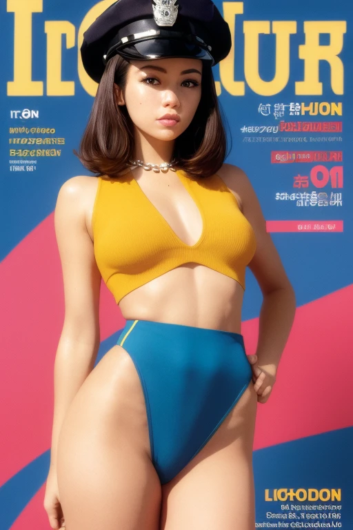 ))), (((ultra detailed))), (((masterpiece))), illustration,(Magazine cover-style illustration of a fashionable woman in a vibrant outfit), posing in front of a colorful and dynamic background. She has a confident expression and is holding a statement accessory, The text on the cover should be bold and attention-grabbing, with the title of the magazine and a catchy headline. The overall style should be modern and trendy, with a focus on fashion and lifestyle), 1girl,solo,looking at viewer, glossy skin, contrapposto, navel, midriff, necklace, female focus,model,medium breasts, ,street,in public,police hat, police uniform, handcuffs,short shorts, arms crossed, cool, see-through, ,jitome, ,underboob,floating hair, sexy ,fine fabric emphasis, dynamic pose, negative space:0.35, realistic:1.33,