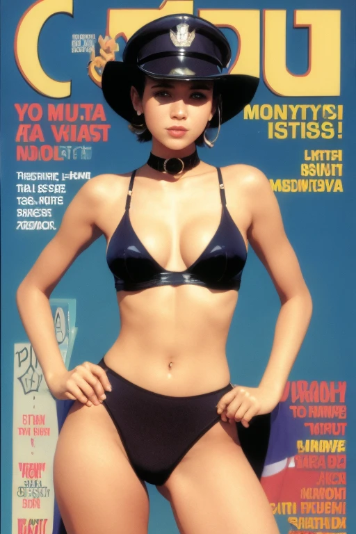 ))), (((ultra detailed))), (((masterpiece))), illustration,(Magazine cover-style illustration of a fashionable woman in a vibrant outfit), posing in front of a colorful and dynamic background. She has a confident expression and is holding a statement accessory, The text on the cover should be bold and attention-grabbing, with the title of the magazine and a catchy headline. The overall style should be modern and trendy, with a focus on fashion and lifestyle), 1girl,solo,looking at viewer, glossy skin, contrapposto, navel, midriff, necklace, female focus,model,medium breasts, ,street,in public,police hat, police uniform, handcuffs,short shorts, arms crossed, cool, see-through, ,jitome, ,underboob,floating hair, sexy ,fine fabric emphasis, dynamic pose, negative space:0.35, realistic:1.33,