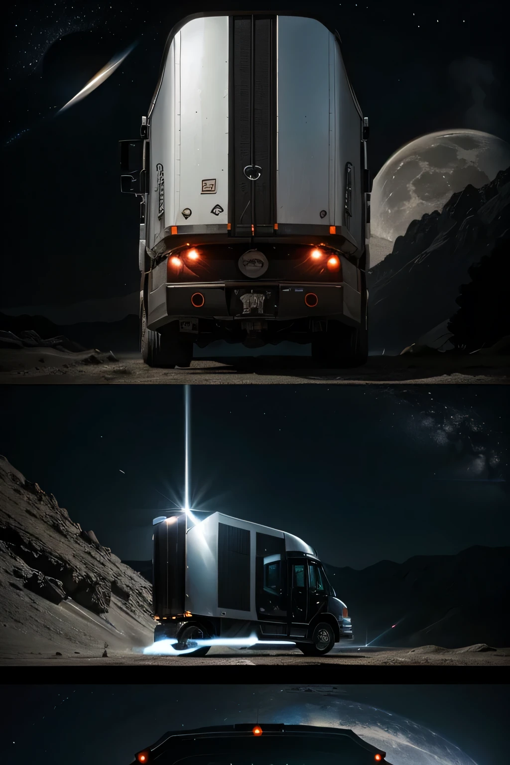 A futuristic semi truck in space with a long trailer, hauling stuff to the moon