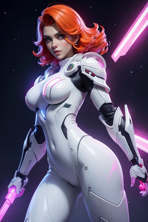 Scarlett Johansson on an alien planet, pelo rizado rojo brillante, Aesthetics of the female body, glowing cyber armor, inserciones de color blanco brillante y naranja en la armadura, white plastic liners, shiny plastic armor pieces, huge plastic shoulder pads, muchos detalles, aparatos de espionaje colgados en la armadura, Glowing neon clues on the armor., super detail, luz nocturna tenue, ambiente acogedor, pose heroica, comic superhero, calidad 4K