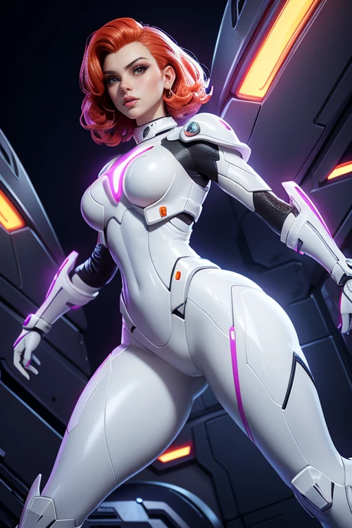 Scarlett Johansson on an alien planet, pelo rizado rojo brillante, Aesthetics of the female body, glowing cyber armor, inserciones de color blanco brillante y naranja en la armadura, white plastic liners, shiny plastic armor pieces, huge plastic shoulder pads, muchos detalles, aparatos de espionaje colgados en la armadura, Glowing neon clues on the armor., super detail, luz nocturna tenue, ambiente acogedor, pose heroica, comic superhero, calidad 4K