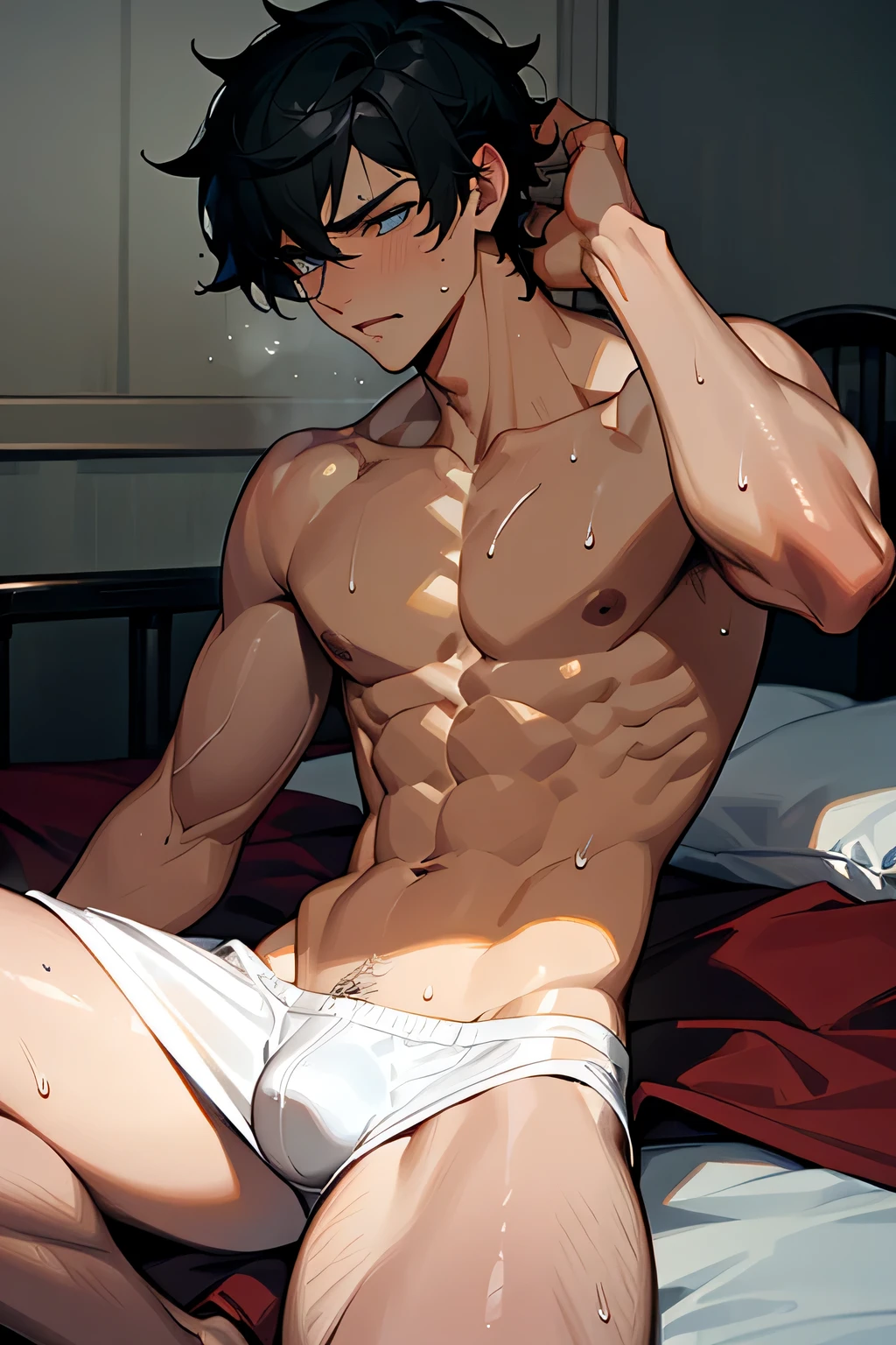 handsome manly short black hair caucasian male in underwear laying on a bed with his arm raised, shirtless, sweating profusely, drenched with sweat, panting, exhausted