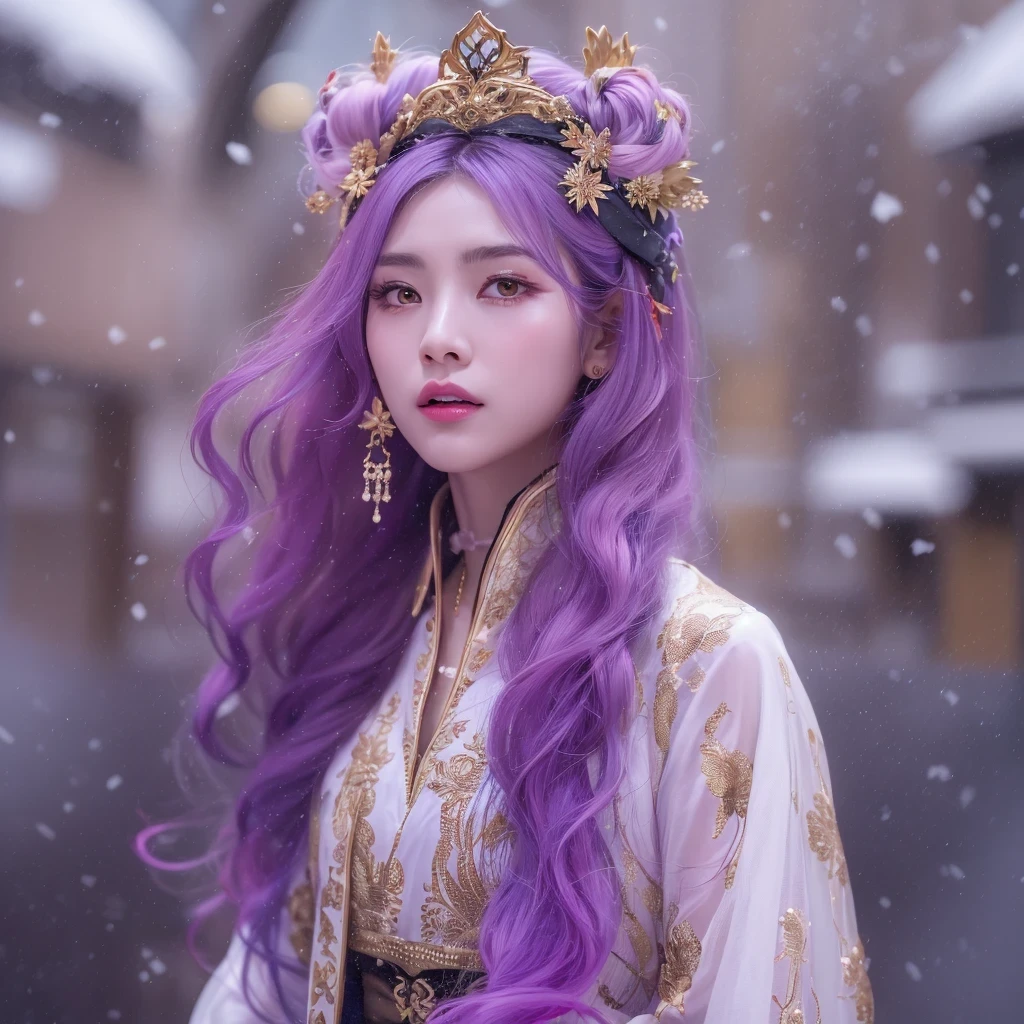 Snow hoop exclusion area 32K(tmasterpiece,k hd,hyper HD,32K)Long flowing purple-pink hair,Autumn Pond,zydink, a color, Tongzhou people (Girl with glowing eyes), (Thin silk scarf), Side squat position, looking at the ground, long whitr hair, Floating hair, Python headdress, Chinese long-sleeved clothing, (abstract ink splash:1.2), white backgrounid,Lotus protector(realisticlying:1.4),Purple-pink hair,Snowflakes fluttering,The background is pure, A high resolution, the detail, RAW photogr, Sharp Re, Nikon D850 Film Stock Photo by Jefferies Lee 4 Kodak Portra 400 Camera F1.6 shots, Rich colors, ultra-realistic vivid textures, Dramatic lighting, Unreal Engine Art Station Trend, cinestir 800,Long flowing purple-pink hair