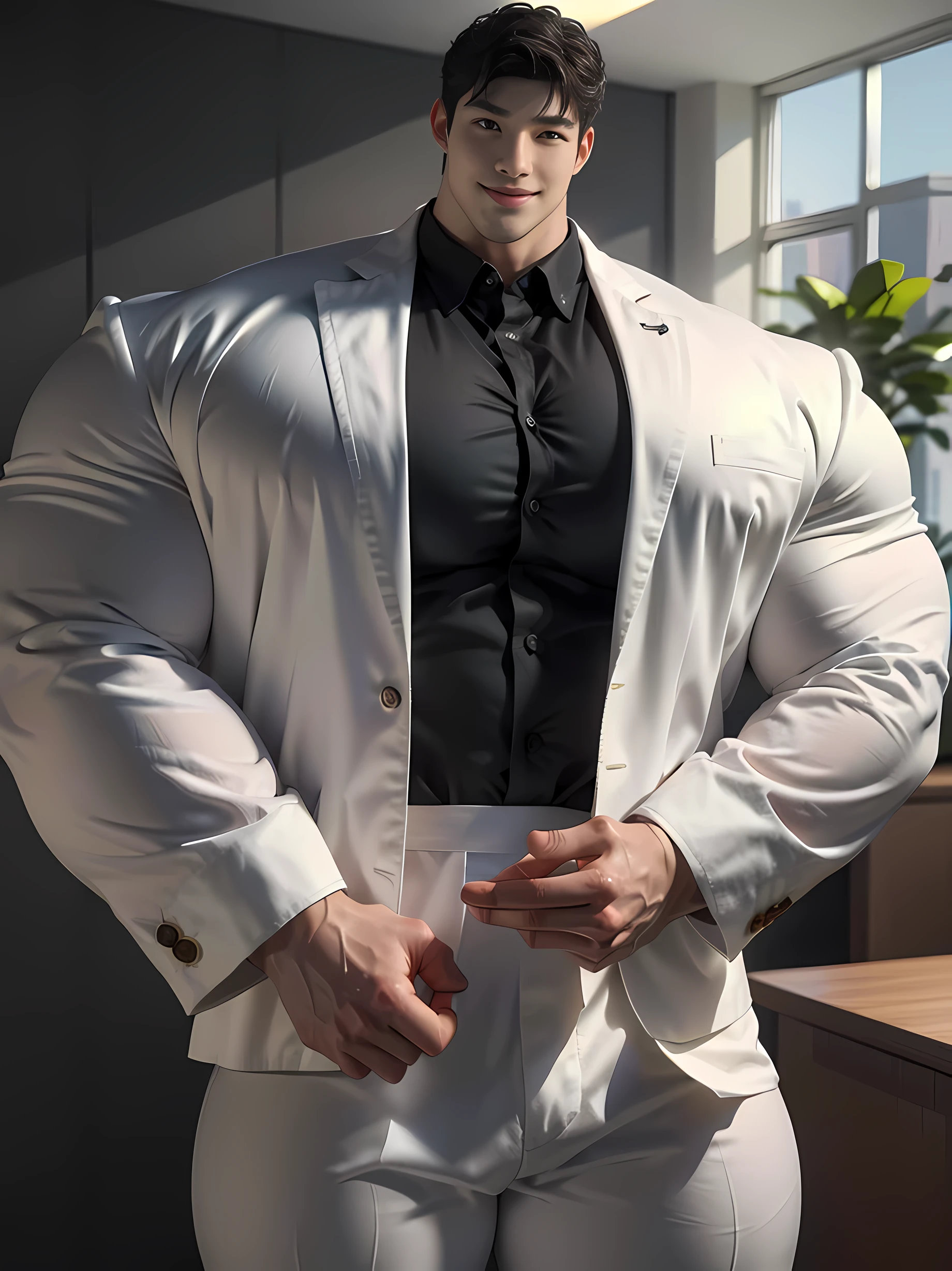 (best quality:1.5, hyperrealistic:1.5, photorealistic:1.4, madly detailed CG unity 8k wallpaper:1.5, masterpiece:1.3, enthusiastically detailed photo:1.2), (hyper-realistic lifelike texture:1.4), highly detailed, ((masterpiece, best quality)), ,extremely detailed 8K wallpaper, 1 korean male, (korean man with k-pop idol look), 20yo, handsome, detailed face, heavy muscular, stubble, formal suit & pants, prominent bulge, photo real, illuminating light, big, brutalmass, giant, muscular body, bulk, massive body, large size, smile, office