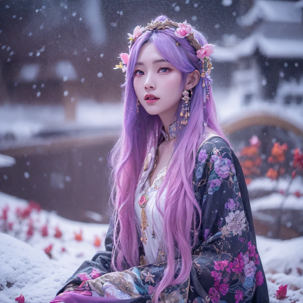 Snow hoop exclusion area 32K(tmasterpiece,k hd,hyper HD,32K)Long flowing purple-pink hair,Autumn Pond,zydink, a color, Tongzhou people (Girl with glowing eyes), (Thin silk scarf), Side squat position, looking at the ground, long whitr hair, Floating hair, Python headdress, Chinese long-sleeved clothing, (abstract ink splash:1.2), white backgrounid,Lotus protector(realisticlying:1.4),Purple-pink hair,Snowflakes fluttering,The background is pure, A high resolution, the detail, RAW photogr, Sharp Re, Nikon D850 Film Stock Photo by Jefferies Lee 4 Kodak Portra 400 Camera F1.6 shots, Rich colors, ultra-realistic vivid textures, Dramatic lighting, Unreal Engine Art Station Trend, cinestir 800,Long flowing purple-pink hair