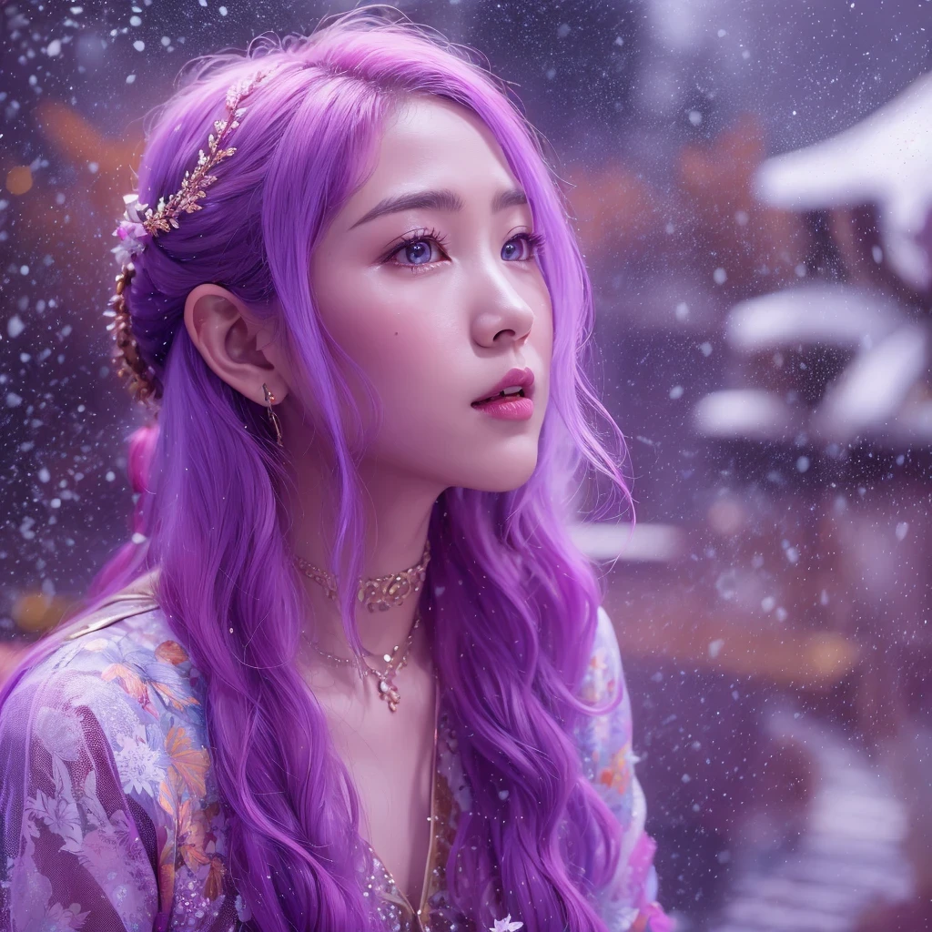 Snow hoop exclusion area 32K（tmasterpiece，k hd，hyper HD，32K）Long flowing purple-pink hair，Autumn Pond，zydink， a color， Tongzhou people （Girl with glowing eyes）， （Thin silk scarf）， Side squat position， looking at the ground， long whitr hair， Floating hair， Python headdress， Chinese long-sleeved clothing， （abstract ink splash：1.2）， white backgrounid，Lotus protector（realisticlying：1.4），Purple-pink hair，Snowflakes fluttering，The background is pure， A high resolution， the detail， RAW photogr， Sharp Re， Nikon D850 Film Stock Photo by Jefferies Lee 4 Kodak Portra 400 Camera F1.6 shots, Rich colors, ultra-realistic vivid textures, Dramatic lighting, Unreal Engine Art Station Trend, cinestir 800，Long flowing purple-pink hair