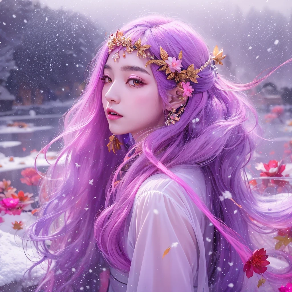 Snow hoop exclusion area 32K（tmasterpiece，k hd，hyper HD，32K）Long flowing purple-pink hair，Autumn Pond，zydink， a color， Tongzhou people （Girl with glowing eyes）， （Thin silk scarf）， Side squat position， looking at the ground， long whitr hair， Floating hair， Python headdress， Chinese long-sleeved clothing， （abstract ink splash：1.2）， white backgrounid，Lotus protector（realisticlying：1.4），Purple-pink hair，Snowflakes fluttering，The background is pure， A high resolution， the detail， RAW photogr， Sharp Re， Nikon D850 Film Stock Photo by Jefferies Lee 4 Kodak Portra 400 Camera F1.6 shots, Rich colors, ultra-realistic vivid textures, Dramatic lighting, Unreal Engine Art Station Trend, cinestir 800，Long flowing purple-pink hair