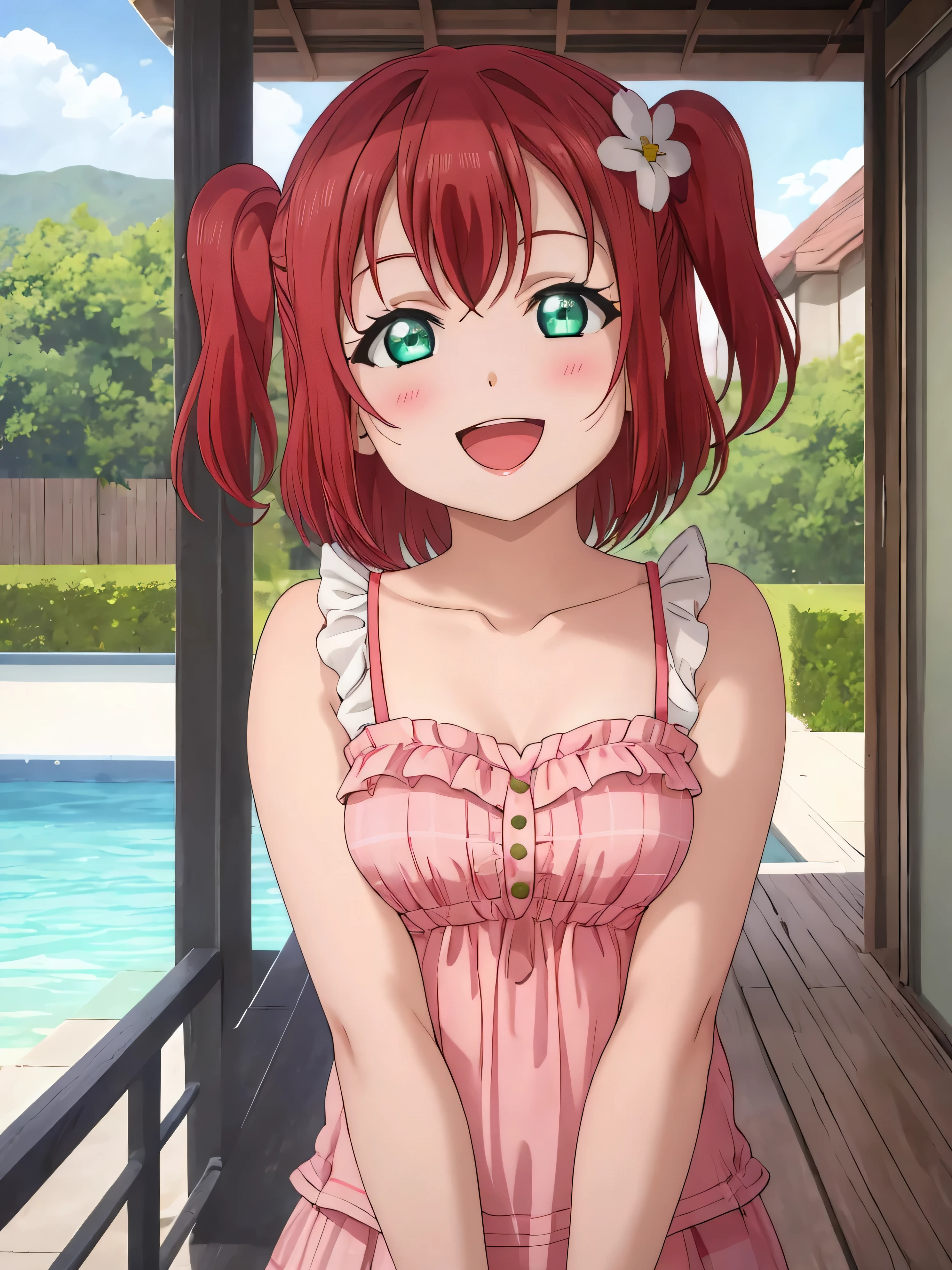 best quality, masterpiece, highres, solo, {kurosawa_ruby_lovelivesunshine:1.15}, red_hair, bangs, blush, two_side_up, smile, aqua_eyes, green_eyes, open_mouth, short_hair, hair_ornament, 1girl, flower, hair_flower, looking_at_viewer, :d, upper_body, holding