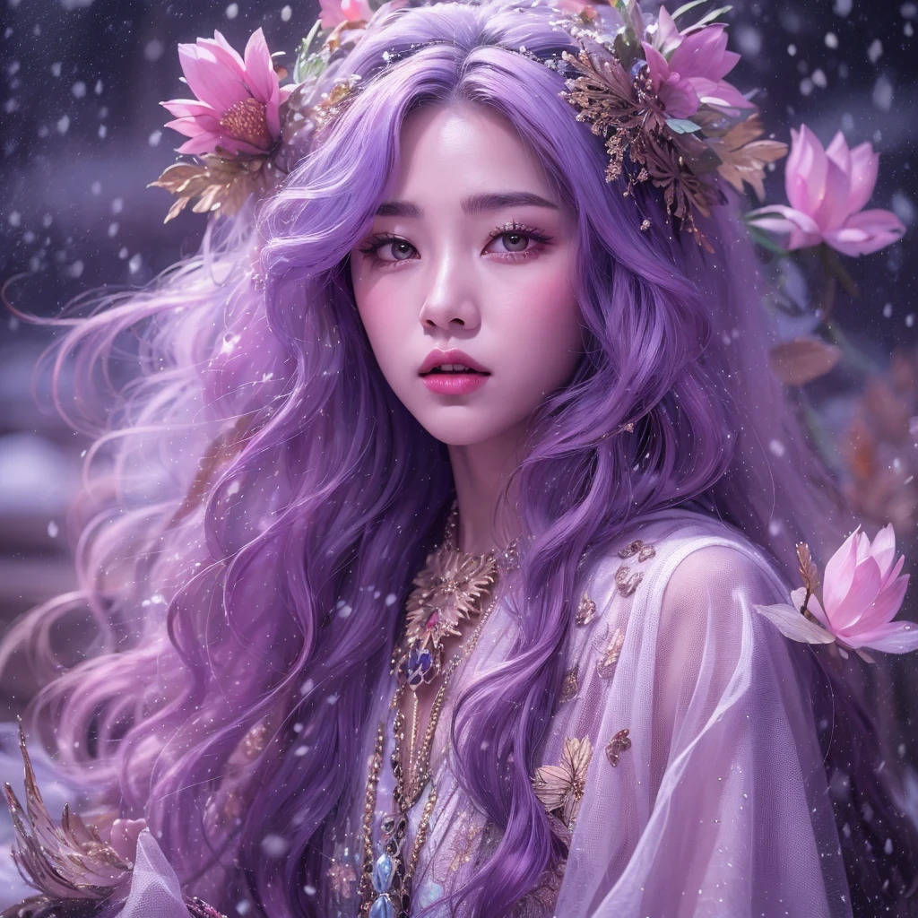 Snow hoop exclusion area 32K(tmasterpiece,k hd,hyper HD,32K)Long flowing purple-pink hair,Autumn Pond,zydink, a color, Tongzhou people (Girl with glowing eyes), (Thin silk scarf), Side squat position, looking at the ground, long whitr hair, Floating hair, Python headdress, Chinese long-sleeved clothing, (abstract ink splash:1.2), white backgrounid,Lotus protector(realisticlying:1.4),Purple-pink hair,Snowflakes fluttering,The background is pure, A high resolution, the detail, RAW photogr, Sharp Re, Nikon D850 Film Stock Photo by Jefferies Lee 4 Kodak Portra 400 Camera F1.6 shots, Rich colors, ultra-realistic vivid textures, Dramatic lighting, Unreal Engine Art Station Trend, cinestir 800,Long flowing purple-pink hair