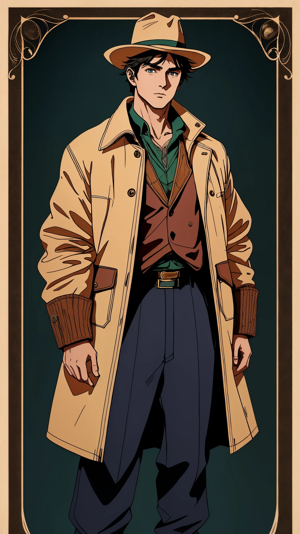 A middle-aged man, wearing a round felt hat, messy bangs, thick eyebrows, downturned triangular eyes, slender face, a fantasy ethnic-style multi-layered thick cotton padded jacket, a thickened collar design, coarse cloth trousers, his hands are clasped in front of him, he stands with his head bowed, the backdrop of a fantasy-style border outpost, this character embodies a finely crafted fantasy-style border nomadic people in anime style, exquisite and mature manga art style, mature male, high definition, best quality, highres, ultra-detailed, ultra-fine painting, extremely delicate, professional, perfect body proportions, golden ratio, anatomically correct, symmetrical face, extremely detailed eyes and face, high quality eyes, creativity, RAW photo, UHD, 32k, Natural light, cinematic lighting, masterpiece-anatomy-perfect, masterpiece:1.5