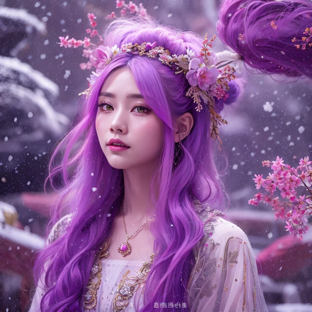 Snow hoop exclusion area 32K(tmasterpiece,k hd,hyper HD,32K)Long flowing purple-pink hair,Autumn Pond,zydink, a color, Tongzhou people (Girl with glowing eyes), (Thin silk scarf), Side squat position, looking at the ground, long whitr hair, Floating hair, Python headdress, Chinese long-sleeved clothing, (abstract ink splash:1.2), white backgrounid,Lotus protector(realisticlying:1.4),Purple-pink hair,Snowflakes fluttering,The background is pure, A high resolution, the detail, RAW photogr, Sharp Re, Nikon D850 Film Stock Photo by Jefferies Lee 4 Kodak Portra 400 Camera F1.6 shots, Rich colors, ultra-realistic vivid textures, Dramatic lighting, Unreal Engine Art Station Trend, cinestir 800,Long flowing purple-pink hair