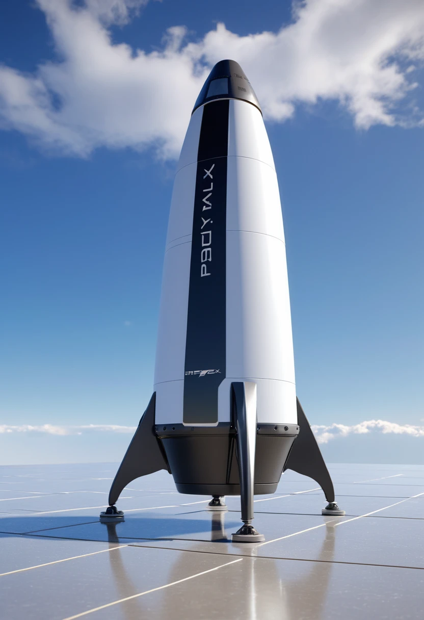 Design a spaceX Starship v3 cylinder shape with a cone on top that has a VVTL with four fins at the bo ttom in between the four fins put foldable triangular landing legs, at the top put four fins, with a circular space shuttle shape cockpit viewing glass, put heat Ing tiles on the back sides of all the fins and on the back side of the cylinder, detalled, 8k,