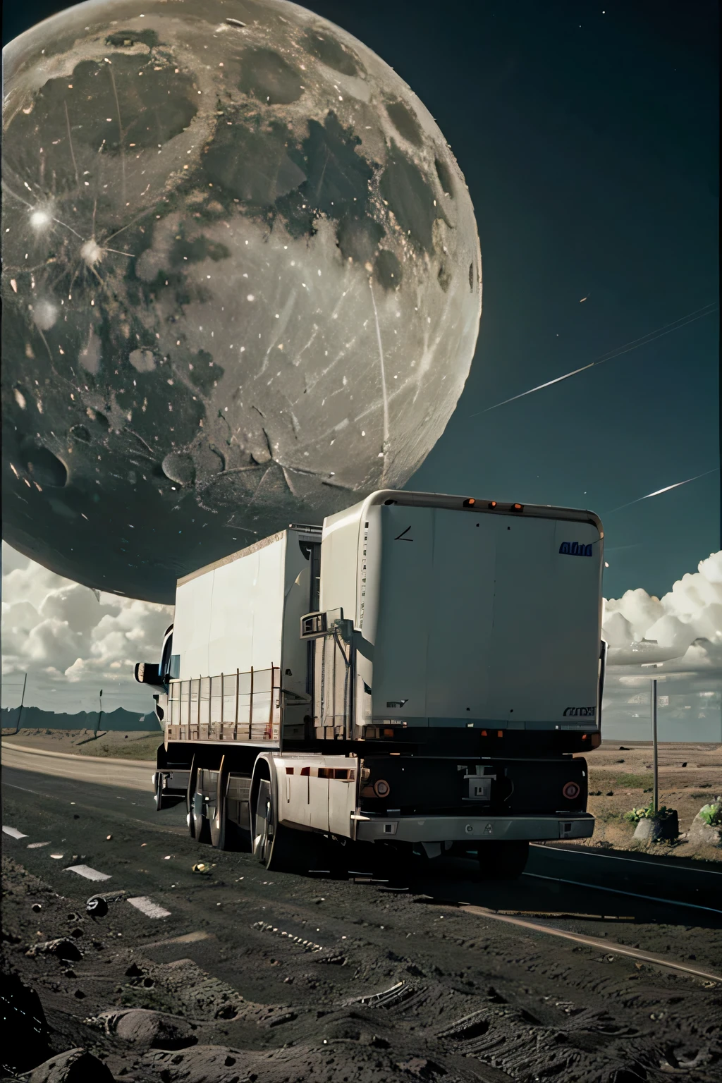 A semi with trailer driving on the moon passing by a lunar lander