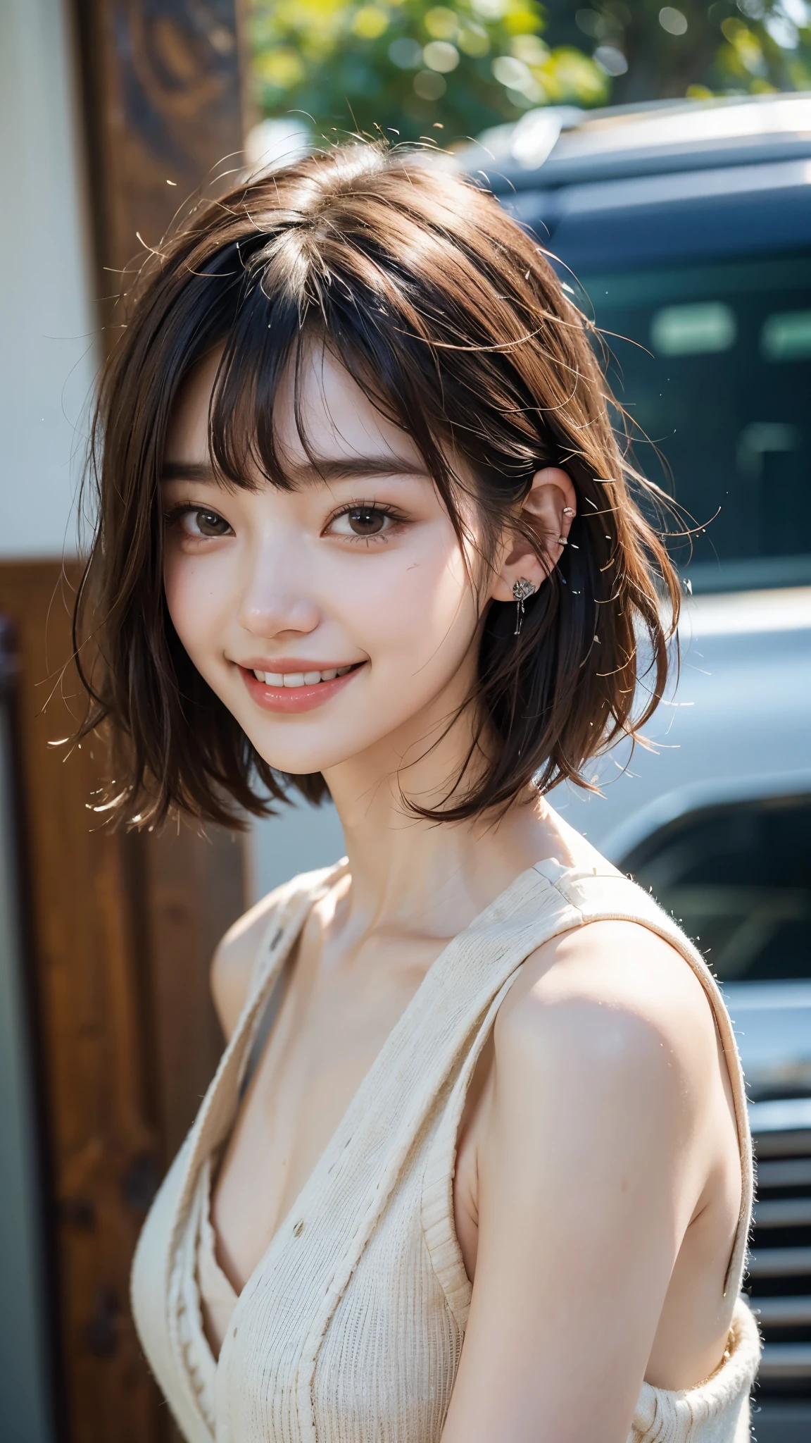 highest quality, masterpiece, Ultra-high resolution, (Realistic:1.4), (Close portrait) Raw photo, 1 girl,20-year-old,((Seoul, South Korea)),((Wireless Earphones)),((Staring at smartphone screen)),,((K-popファッション)),((Korean Idol))Messy Hair,((Cap Chestnut Hair)),((Bangs short hair)),Realistic,picture media chest)),((Toothy smile)),((Big smile))