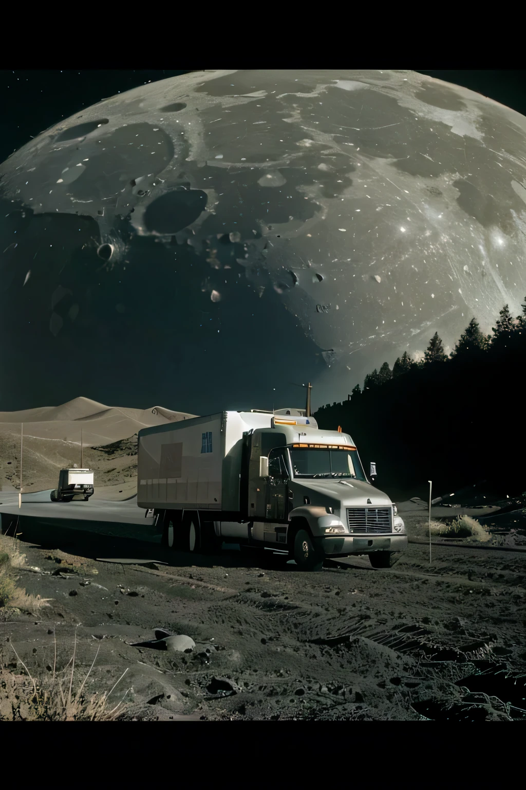 A semi with trailer driving on the moon passing by a lunar lander