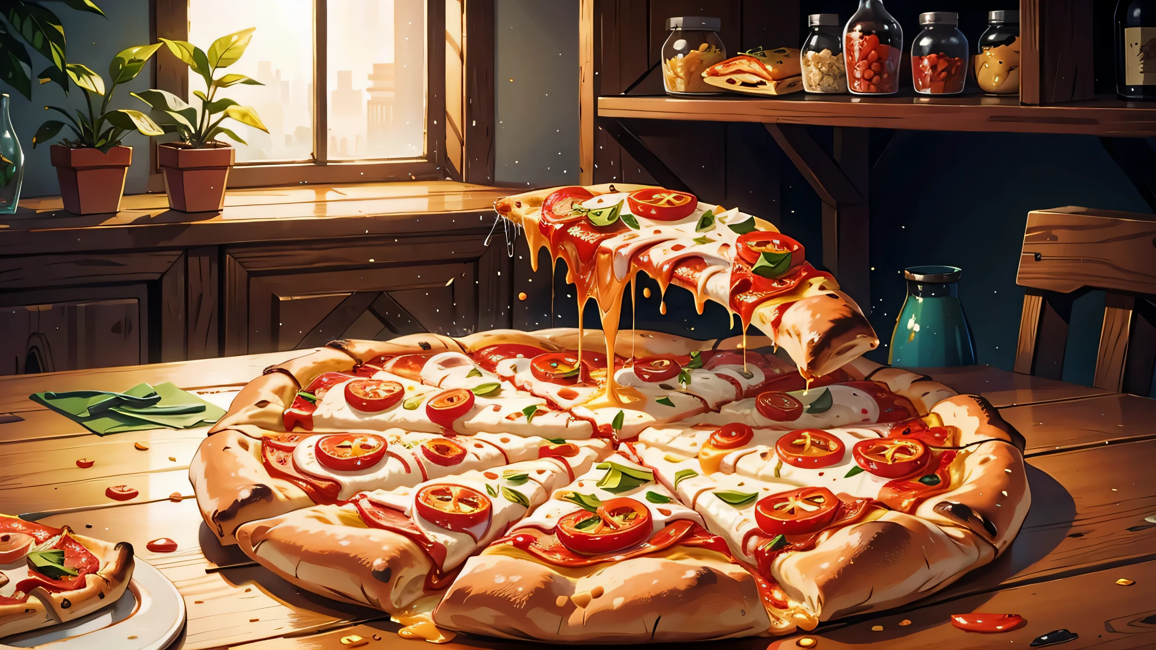 best quality, masterpiece, Ultra-high resolution, (Reality: 1.4), pizza，Juicy pizza，Pizza perspective focus，nobody，Pizza set on wooden table，Daytime light