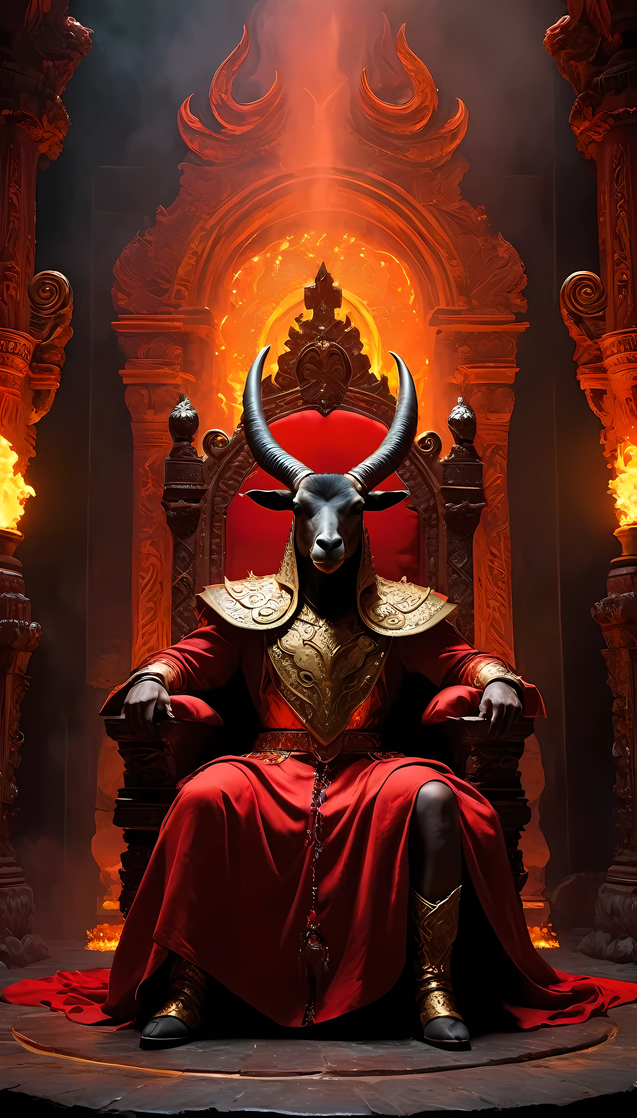 (mejor calidad,4k,high resolution,Obra maestra:1.2),ultra detallado,realista:1.37,medio:(illustration,Oil painting,3d representation,Photography), rey diablo con cabeza de cabra sentado en su trono, Aura roja ardiente, threatening expression, figura oscura e imponente, grandes cuernos que sobresalen de su frente, cara de cabra satanica, intricately designed golden throne, intrincadas tallas en las paredes, misterioso resplandor de la lava, humo ondulante, llamas parpadeantes, sombras amenazantes, discouraging atmosphere, arquitectura grandiosa y majestuosa, opulent decor, vibraciones siniestras, Paleta de colores oscuros con detalles en rojo intenso., dramatic lighting, calor intenso, lava arremolinada, corrientes fundidas que fluyen por la cascada, neblina humeante que envuelve los alrededores.