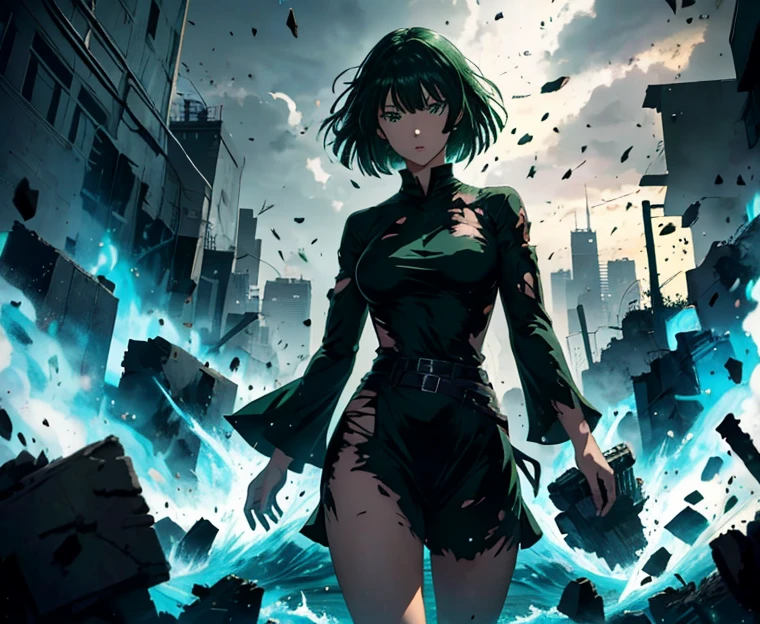 hight quality, masterpiece, 8k, 1 female, fubuki from anime, green hair, short hair, green eyes, lighting eyes, torn clothes, standing, using power, power, color full, dark color, too many broken things in the air in the background 