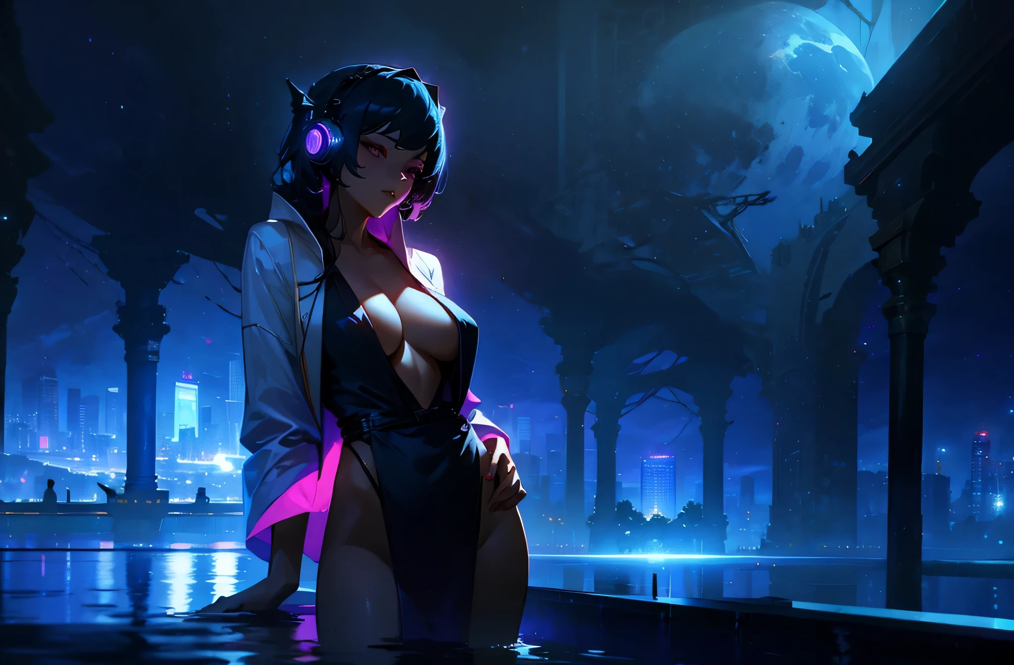 A woman wearing a bathrobe and headphones is lying by the pool、A beautiful night view behind、big breasts、sexy、Indoor pool with a night view、moonlight、exposed、half naked、Downlight、full moon、Stylish interior、Ruby Eye