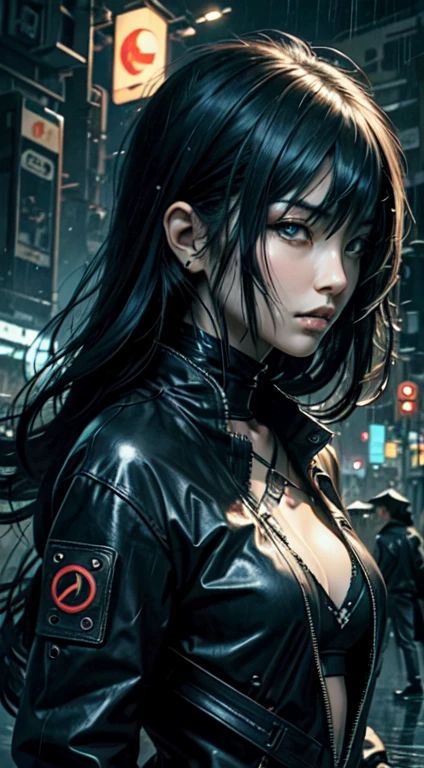 awesome illustration, very sexy Japanese woman, long black hair, perfect mouth and lips, Godmachine Style, a night rain atmosphere, cyberpunk city in the background, realistic, staring at camera, wearing sexy gothic leather with straps and buckles, lean, slender