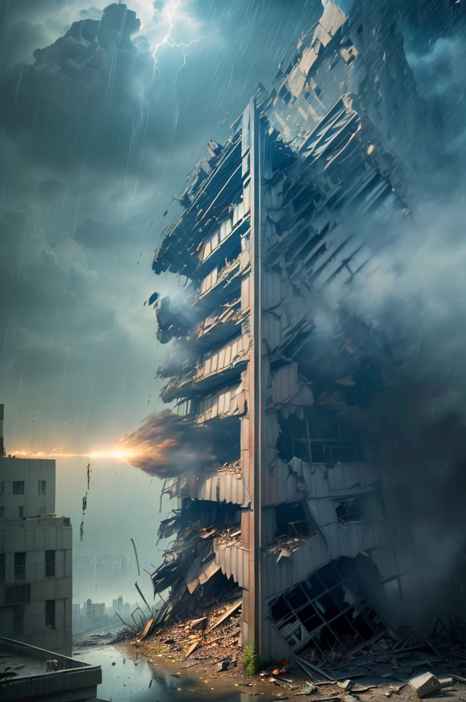 ((Motion Blur:1.7)), (photorealistic, 8k, RAW photos, premium quality, masterpiece, epic lighting, centered image), (long shot, full body: 1.4), ((1 building falling, rubble, blur of movement due to falling debris, post-apocalyptic:1.6)),(( warrior, perfectly detailed face and body, rainy environment, bad lighting due to the rain, face and body wet from the rain, lightning lighting, action pose dynamics with speed effect: 1.3, beautiful detailed hair, leather clothing: 1.5 )), (( in an apocalyptic city, collapsed buildings, steel beams everywhere: 1.4)). 32k.