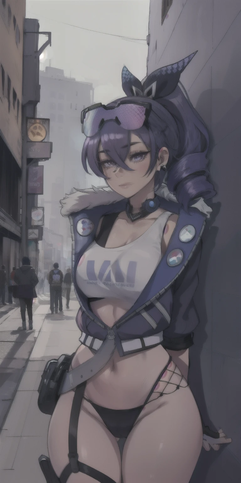 SilverWolfV4, gloves, hair between eyes, Jewelry,purple black jacket, earrings, black gloves, fishing nets, purple black fingerless gloves, Sunglasses, glasses on head, ((white tail, bow, drill hair, ))white tank top,
(masterpiece, top quality, Best quality, official art, beautiful and aesthetically pleasing:1.2), (1 girl), Extremely detailed, colorful, The most detailed,
(huge breasts:1.2,) upper body, from below, camel toe,
city,street, leaning over, wall, Sun, cloud,