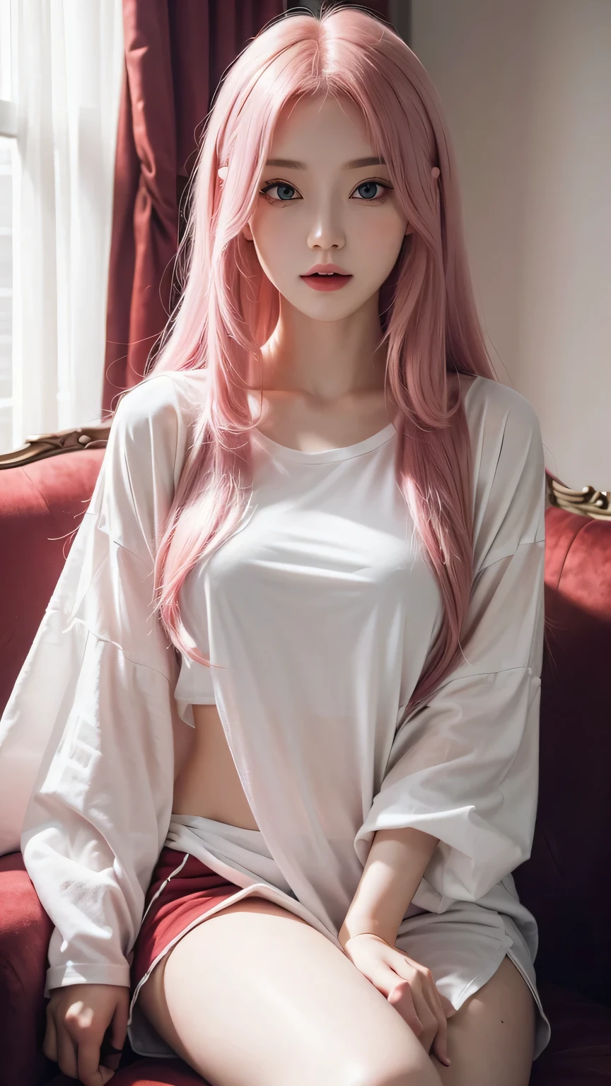 high quality, best detailed light and shadow, 1girl, she has long light pink hair and pale skin with beautiful face, dark red eyes, vampire girl, she's wearing oversize T-shirt, sitting on the sofa sexy