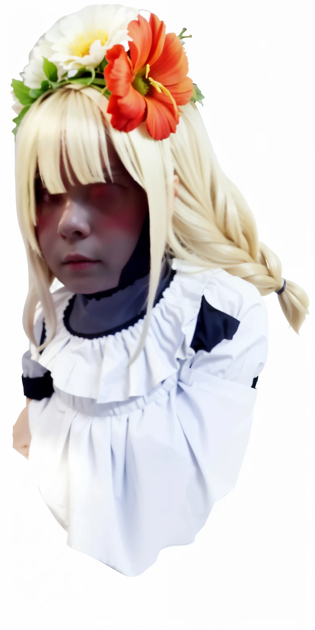 anime girl in a white dress with a flower on her head, , , in dress, shikamimi, from touhou, 2 b, 2b, touhou character, chibi, sh, rin, small girl, poppy, smol, absurdist wiggly blob in a dress, flower head, negao