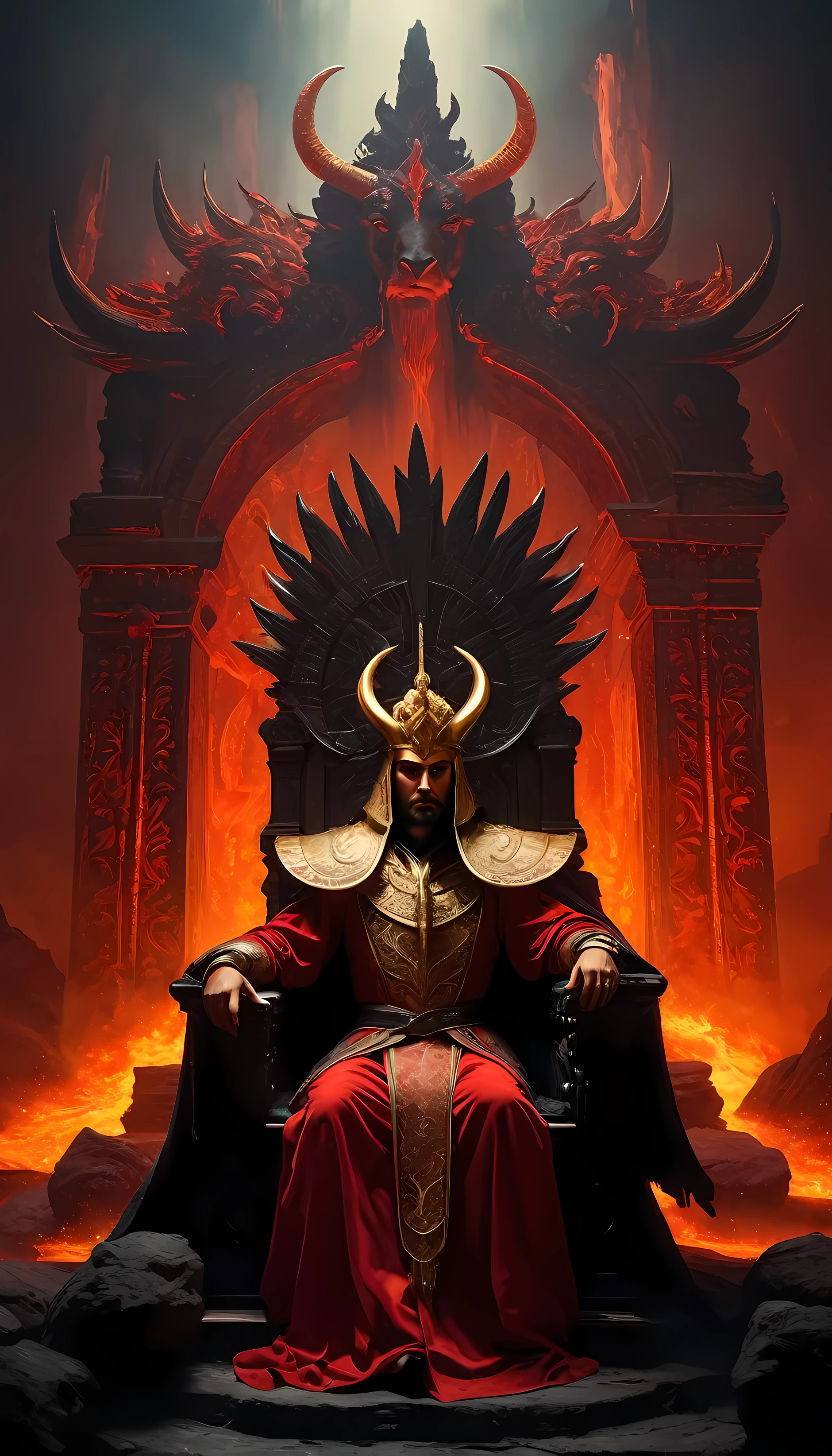 (mejor calidad,4k,high resolution,Obra maestra:1.2),ultra detallado,realista:1.37,medio:(illustration,Oil painting,3d representation,Photography), rey diablo con cabeza de cabra sentado en su trono, Aura roja ardiente, threatening expression, figura oscura e imponente, grandes cuernos que sobresalen de su frente, cara de cabra satanica, intricately designed golden throne, intrincadas tallas en las paredes, misterioso resplandor de la lava, humo ondulante, llamas parpadeantes, sombras amenazantes, discouraging atmosphere, arquitectura grandiosa y majestuosa, opulent decor, vibraciones siniestras, Paleta de colores oscuros con detalles en rojo intenso., dramatic lighting, calor intenso, lava arremolinada, corrientes fundidas que fluyen por la cascada, neblina humeante que envuelve los alrededores.
