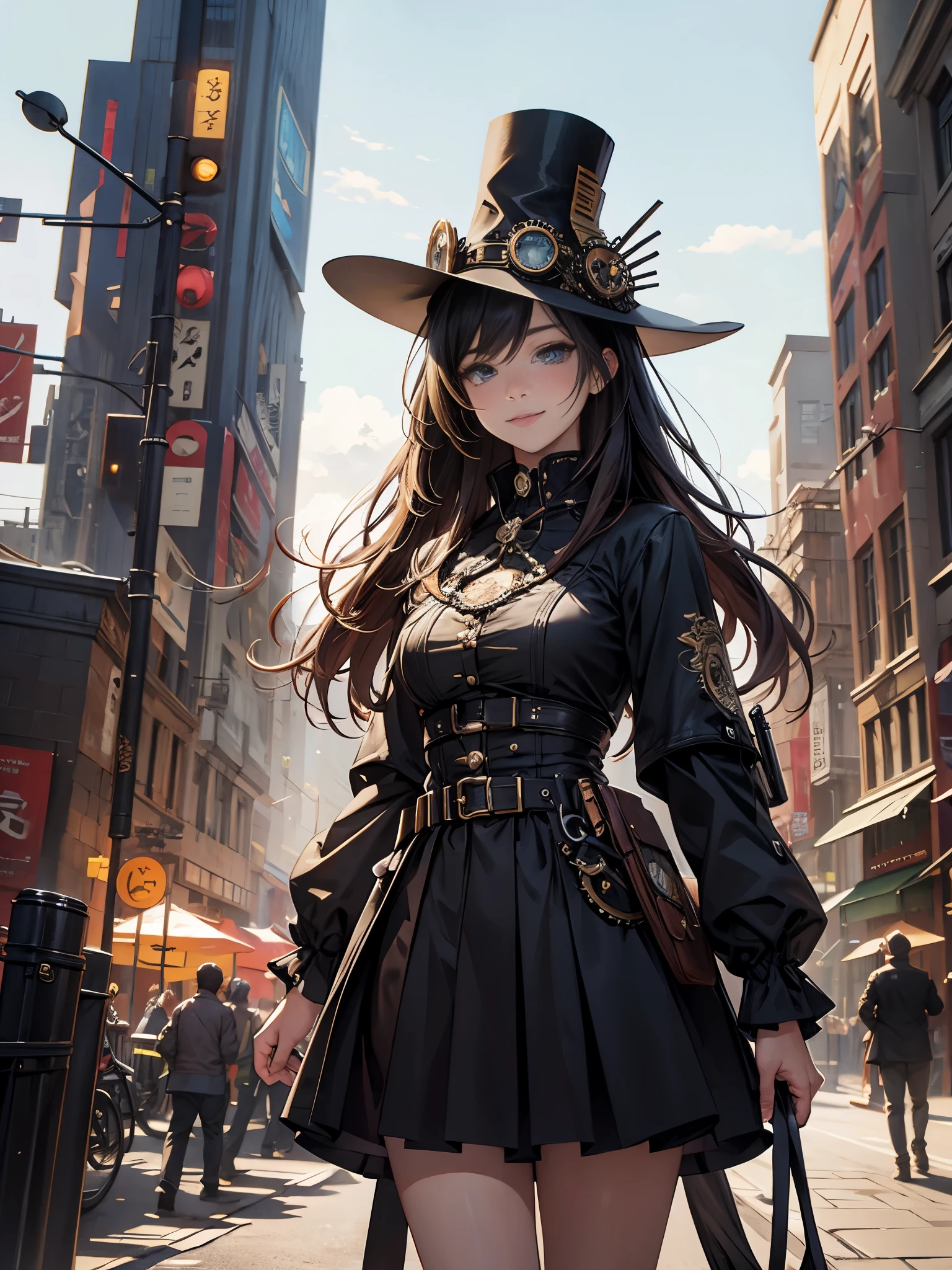 (Line art_anime),(Cowboy Shot,Low - Angle, highest quality, ),(Laura Budd Photos:1.2),(Laura Add Details:1.0),8K, Flat Color:0.8,1 girl,smile,(Highly decorative and complex mechanical steampunk fashion, lace flare dolphin hat、goggles 1.5、machinery background、Gear background、Intricately mechanized steampunk cityscape 1.5),