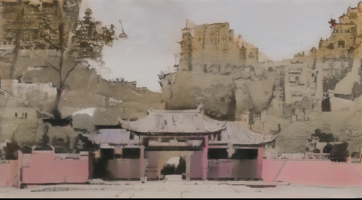 A building with a gate and walls in the background, Taoist temples and monks, Tang Palace, Chinese Architecture, ancient Chinese Architecture, Chinese Architecture, nanquan, tian zi, Chinese, Image, Chinese temple, qiangshu, by Ma Yuanyu, Chinese Palace, by Li Zai, changquan, In line with Chinese aesthetics