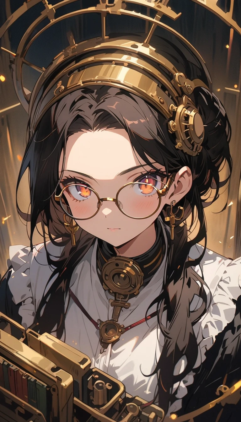 (top quality, masterpiece, high resolution, detailed), anime style, flat style, (shining eyes, detailed beautiful face), BREAK, (one girl, glasses), (scientific researcher, inventor), working in lab with tons of books and machine parts, steampunk, dynamic angles, anime