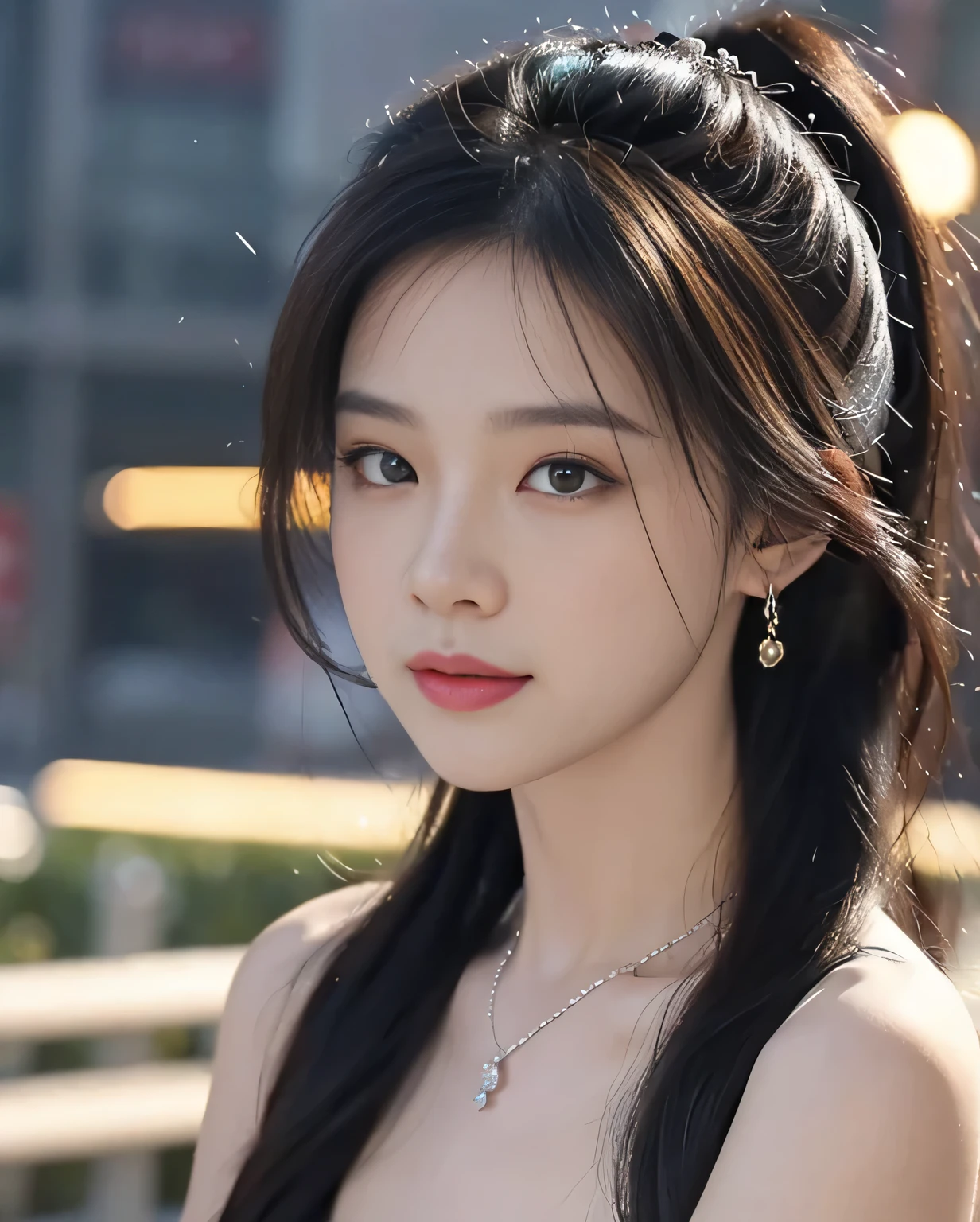((Adeline,black hair color)), Random pose, (Extremely exquisite and beautiful work), (masterpiece), 1 busty girl, Very detailed、Red Elegant Wedding Dress, have, Very detailed content, Ponytail Twist, Charming expression, beautiful clear eyes, Green pupils, beautiful necklace, Beautiful earrings, Simple blurred background, Extremely detailed description, Big breasts are beautiful, Big breasts are attractive, Ultra Detailed, Delicate face, Delicate figure, Thin clavicle,Lovely lips, Behind the gentleman ,(8k, original photo, best quality, masterpiece:1.2), (Realistically, Real shot:1.37), 1 girl, cute big breasts, Overlooking the city, night, rain, moisture, Professional lighting, Photon Mapping, Wireless City, Physically Based Rendering, Above the waist,