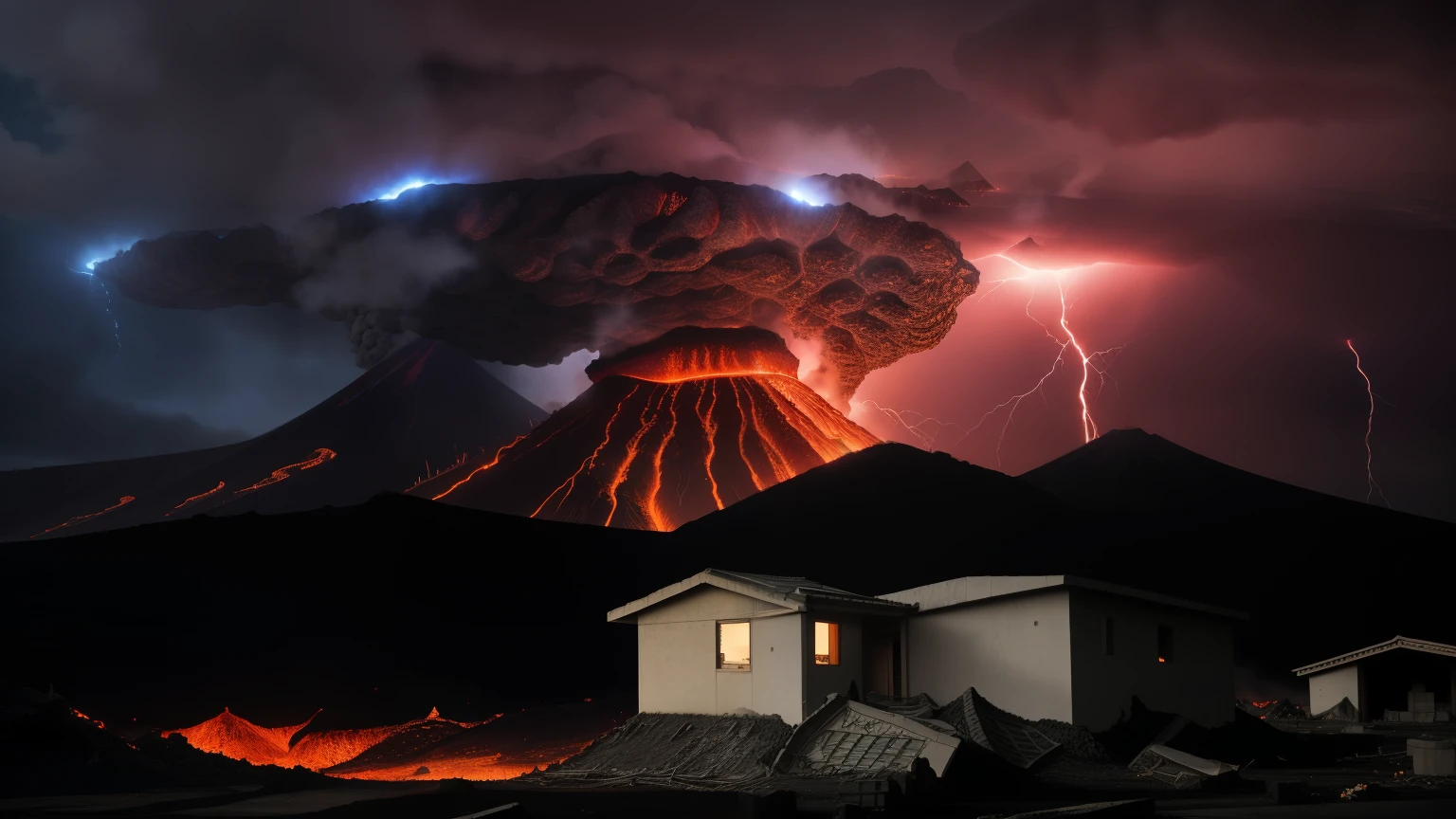 houses destroyed by volcano, lavas