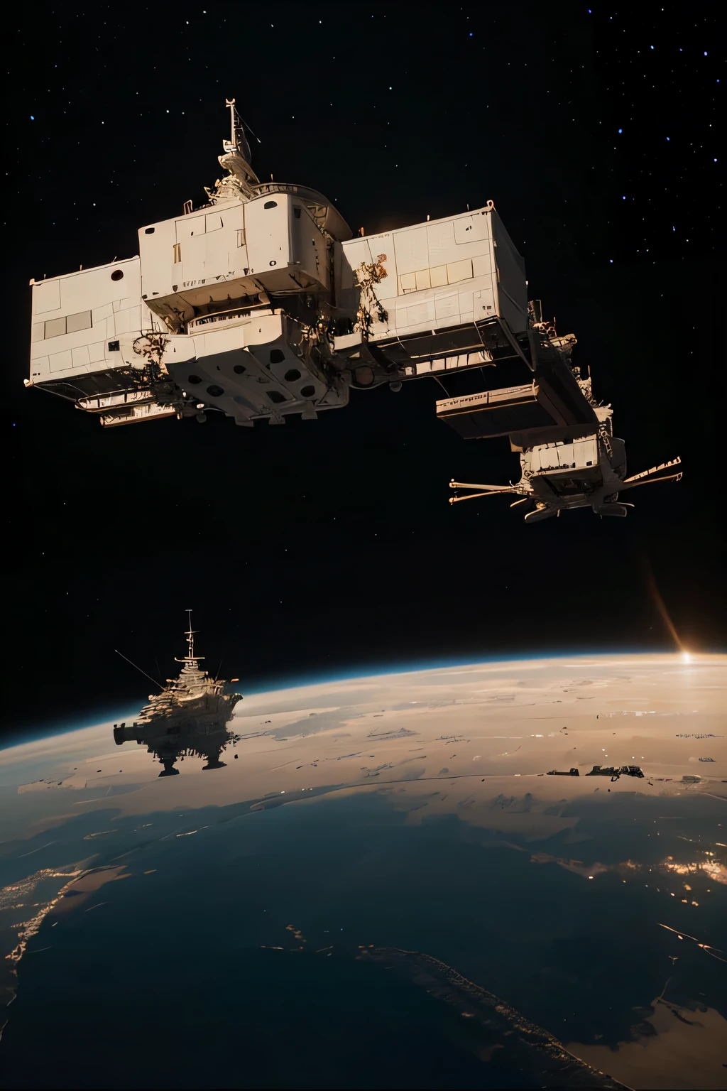 A huge space station in orbit of mars, with smaller ships waiting to dock