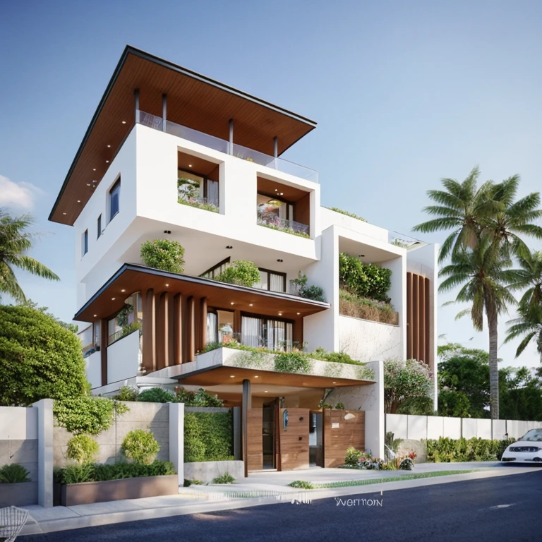 Vietnamese countryside house exterior design with white walls, wooden windows concrete floor, garden area. The building has an open balcony terrace for relaxation or socializing during the day. Modern architecture concept, exterior photography of a home exterior, architectural project, real photo