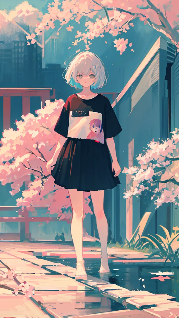 (shape: giant gram), (Flat Color:0.9),(colorful:1.1),(masterpiece:1,2), highest quality, masterpiece, High resolution, original, Highly detailed wallpaper, View your viewers,,,A Cyborg Girl,alone,Portraiture, T-Shirts, Mark Rothko & basquiat style background, oil, abstract expressionism, Expressionless,cherry blossoms,cherry blossomsの花,cherry blossoms並木,Five fingers,Standing with a good-looking face,Gray Hair,Short Bob,river,Water Play,Standing and singing,colorful,Mr.々Color