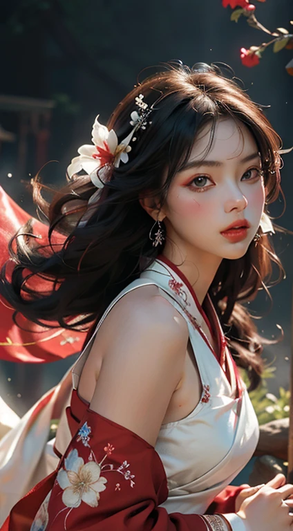 Super high quality, masterpiece, perfect illustration, extreme detail (exquisite light and shadow, highly dramatic picture,) Stroke, 1 girl, solo, (wearing red, black and white Hanfu,) flower field, flowers, (white mist:1.3) (Realistic:1.4), Zen entanglement, tangled, official art, Artstation 8k wallpaper, super detailed, beautiful and beautiful, masterpiece, best quality, (dynamic angle: 1.4), glowing skin, (floating colorful flashes: 1) the most beautiful chaotic forms, elegant, aesthetic design, Bright colors, romantic depth of field exotic_dance, half_naked