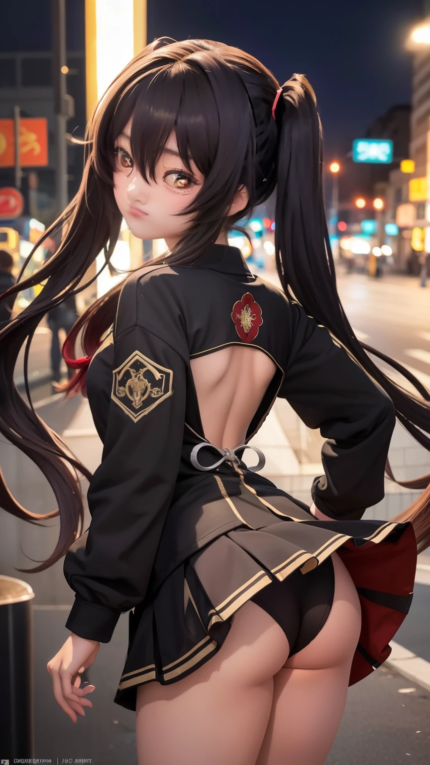 masterpiece, best quality, HuTaoV4, 1girl, solo, blush, twintails, long hair, hair between eyes, ((streetwear clothes)), city, outdoors, night, movie poster, extremely detailed 8K, smooth, high resolution, ultra quality, cinematic lighting, ambient occlusion, hd, 2k, 4k, 8k, 16k, extremely detailed anime, detailed faces, perfect composition, wide shot, atmospheric lighting, very sexy, lift skirt, random low back angle, uncensored, nsfw, sin censura