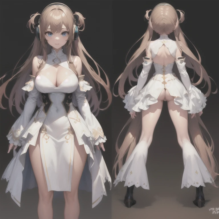 Multiple Views of the same character,Charterner v2, One girl, Slender figure,breast enhancement, Headphones,Brown Hair, Long Hair, blue eyes, white dress detaileds, same clothes, Concept Art, detailed_face, line_sketch, plan, Official Art, Official Alternative Costumes, Design style, multi style, detailed character, 4_~ side, original, 8K GC, massive detailed, Multiple Views of the same character, White background, character, technical illustration, Multiple Views,masterpiece,highest quality