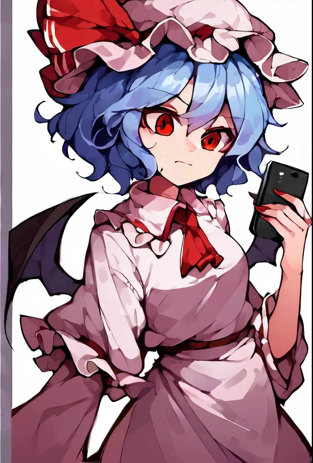 source_anime, (2d), score_9, score_8_up, score_7_up, score_6_up, score_5_up, score_4_up, solo, 1girl, standing, holding phone, looking at phone, :o, remilia_scarlet_touhou, red_eyes, short_hair, bat_wings, wings, ribbon, hat, blue_hair, mob_cap, hair_between_eyes, hat_ribbon, bangs, smile, red_ribbon, confused, raised eyebrow, cowboy shot