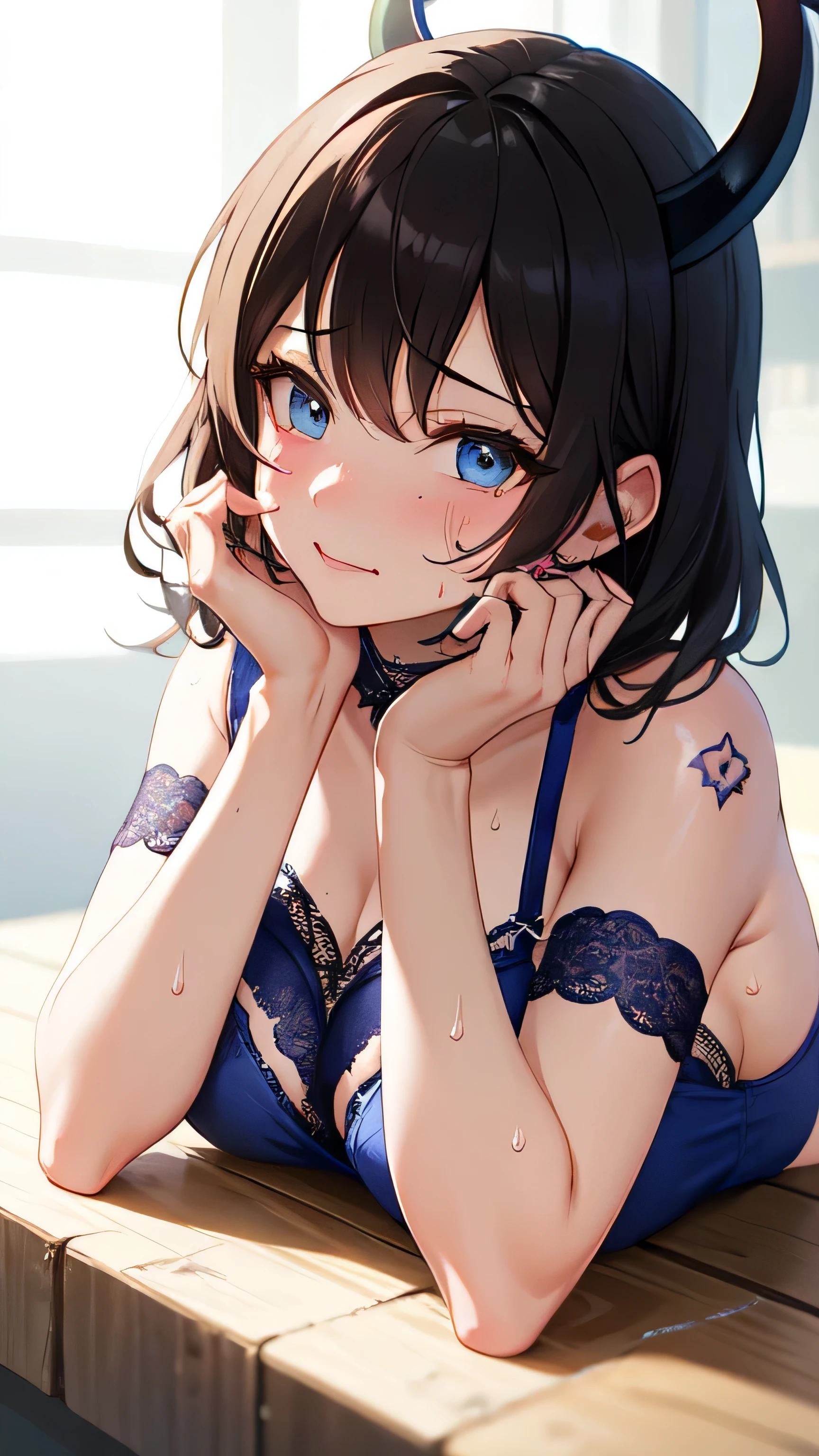 pattern of clothes:ornament pattern ,underwear:Sheer lace bustierbra and panties ,Sweat:sweat ,hand decoration:Hand tattoo ,head decoration:devil horns ,foot decoration:wedges ,Pause:Lying down, propped up on elbows, looking over the shoulder with a coy smile. ,hairstyle:Punk